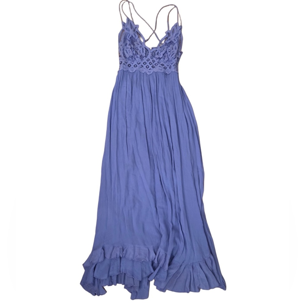 Free People Periwinkle Lavender Knitted Lace Crochet Ruffled Hem Maxi Dress